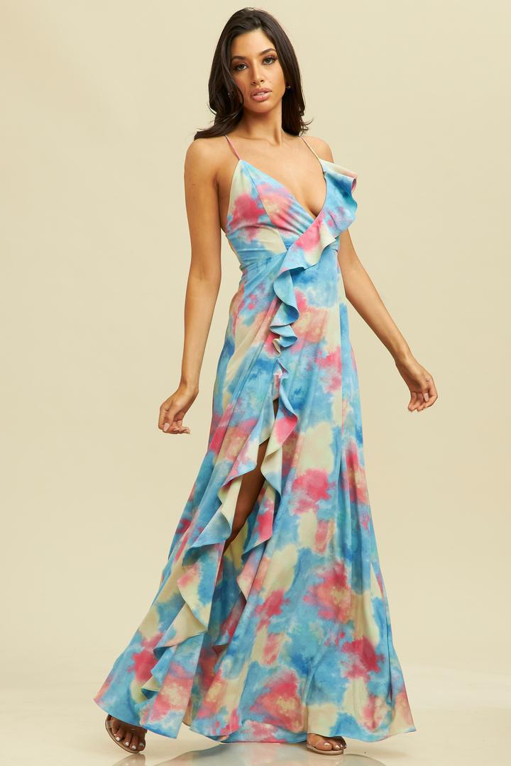 LD8884 Tiedye Tie Back Ruffle Maxi Dress - Wapa